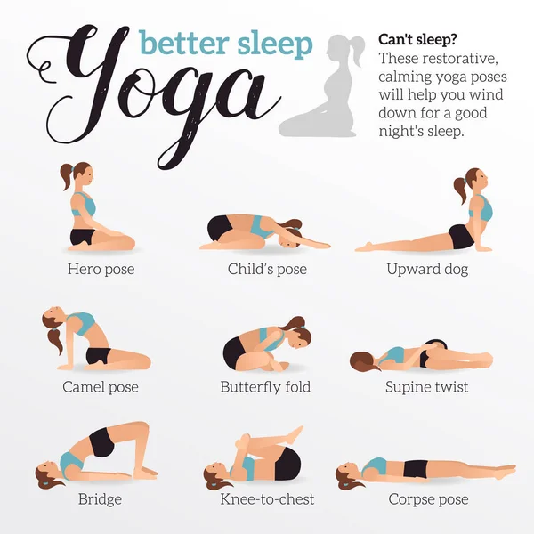 瑜伽姿势是为了更好的睡眠 女人们穿着运动胸罩和短裤 从失眠和放松的角度来做运动的病媒图解 平面矢量设计中的健康海报 — 图库矢量图片