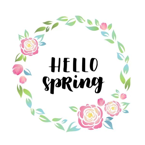 Scrisoare Trasă Mână Hello Spring Cadrul Rotund Flori Ramuri Frunze — Vector de stoc