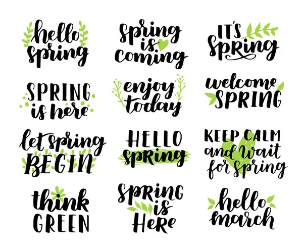 Vektorsett Håndskrevne Fjærpenselbokstaver Hallo Våren Vårsamling Grønne Trykkfarger Hvit Isolert – stockvektor