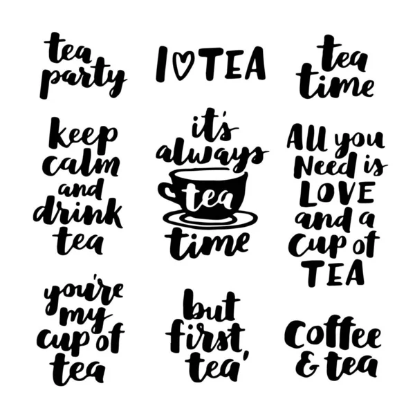Set Vector Hand Written Quotes Tea Brush Lettering Drink Phrases — Stock Vector