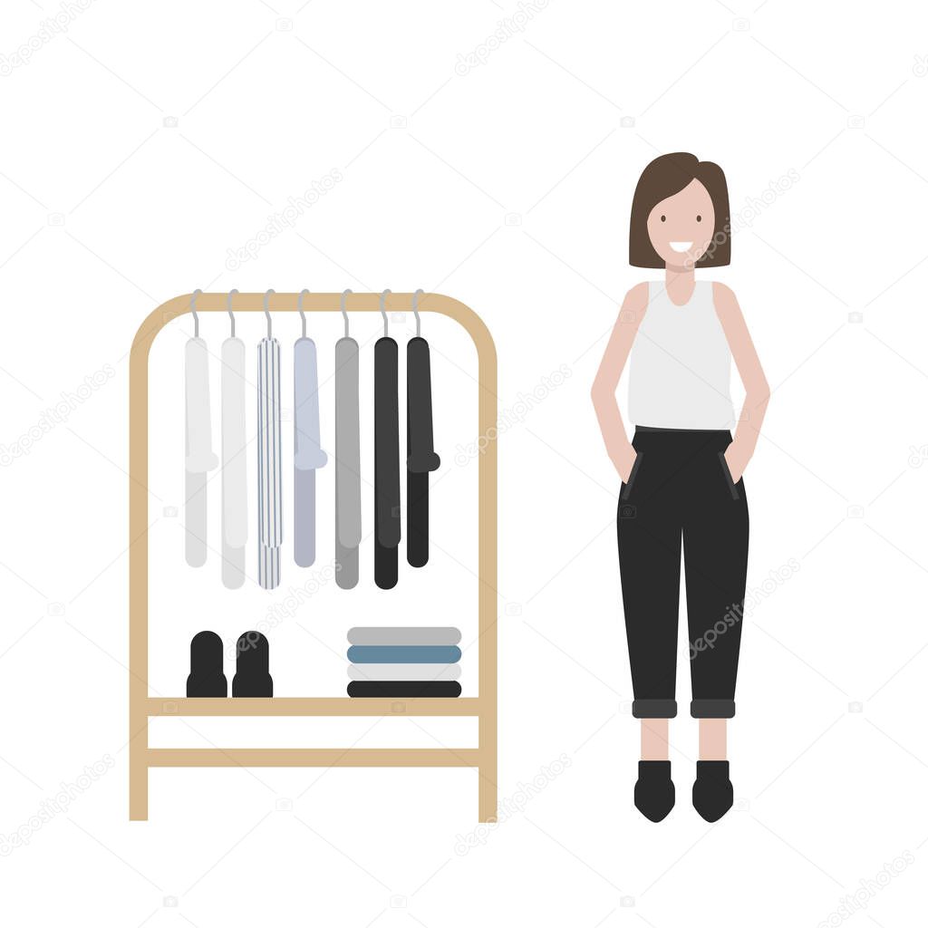 Vector illustration with capsule wardrobe and a girl in minimalistic outfit. Scandinavian fashion.