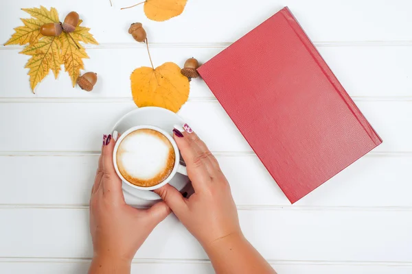 Mãos femininas segurando uma xícara de cappuccino. Fundo de outono . — Fotografia de Stock