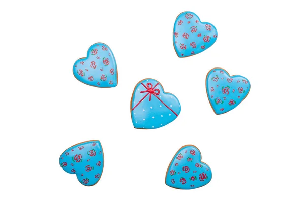 Blue valentines hearts gingerbreads on white background. Valentine's day card. — Stock Photo, Image