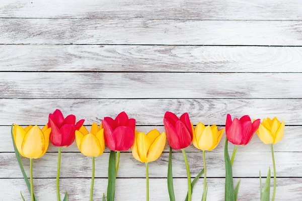 Tulipani colorati su assi di legno. Spazio per testo . — Foto Stock