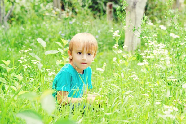 Aranyos kisfiú ül a nyári kert zöld fű között, látszó-hoz fényképezőgép. — Stock Fotó