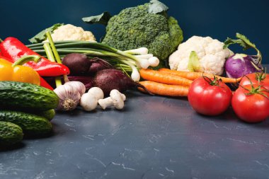 Renkli sebze arka plan. Siyah arka plan üzerine taze sebze. Kopya alanı.