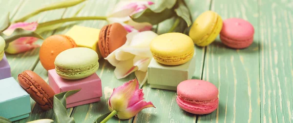 Belles Tulipes Avec Des Macarons Colorés Sur Fond Bois Verdoyant — Photo