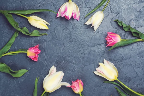 Fiori Tulipano Colorati Sulla Vista Superiore Del Tavolo Nero Uno — Foto Stock