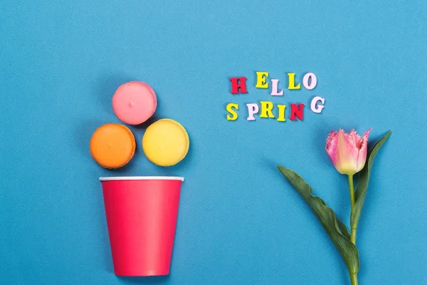 Kolorowe Makaroniki Tulipan Różowy Przywitaj Wiosnę Niebieskim Tle Minimalne Pojęcie — Zdjęcie stockowe