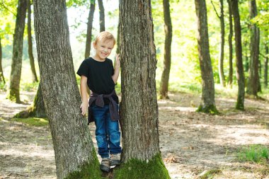 Sevimli sarışın çocuk arasında ağaç gövdeleri güneşli parkta oynarken.