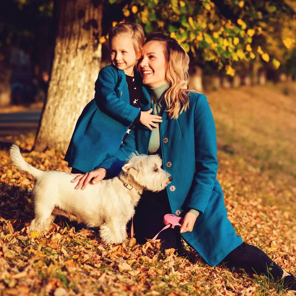 Šťastná stylová rodina se psem na procházce v podzimním městském parku. Matka, dcera a mazlíček. Podzimní sezóna, móda, životní styl. — Stock fotografie