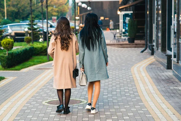 Melhores amigas fazendo compras na cidade. Duas mulheres na moda andando rua da cidade . — Fotografia de Stock