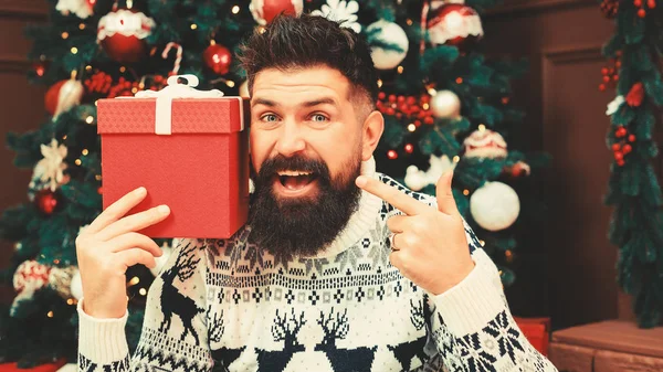 Bearded guy with christmas gift. Handsome man in sweater sitting near christmas tree. Christmas celebration, gifts and sales