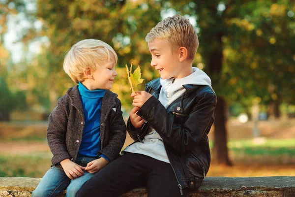 Szczęśliwi bracia spędzają razem czas w jesiennym parku. Małe dzieci na spacerze w słoneczny dzień. Moda, rodzina, jesień i styl życia — Zdjęcie stockowe