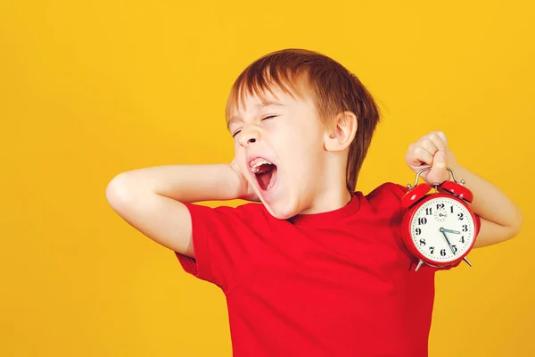 Yawning schoolboy with alarm clock on yellow background. Funny boy yawns wide. Different times of day and children schedule concept — Stock Photo, Image