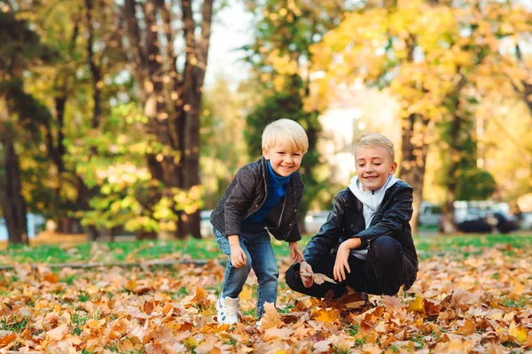 Aranyos két testvér játszik őszi levelekkel egy parkban. Stílusos gyerekek szórakoznak a szabadban. Őszi divat és életmód. — Stock Fotó