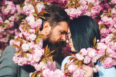 İki aşık dışarıda sarılıp öpüşüyor. Sevgililer Günün kutlu olsun. Pembe sakura çiçeklerinin arasında romantik bir çift. Sevgi. Bahar günü.