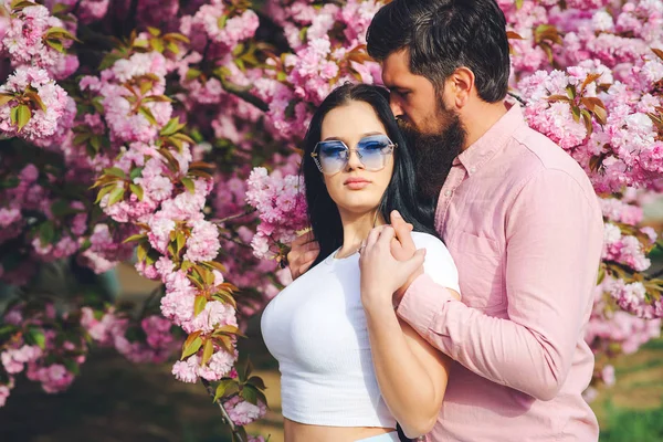 Loving bearded man and woman in a spring park. Spring pink sakura blossom. Pretty woman and her handsome boyfriend hugging outdoors. — Φωτογραφία Αρχείου