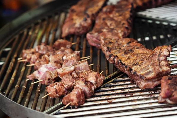 Grilled Pork Ribs Grill Street Food Background Marinated Pork Spare — Stock Photo, Image