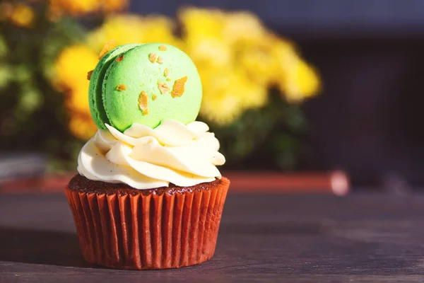 Lekkere Cupcake Versierd Met Makaroen Vakantie Pasen Kaart Heerlijke Paascup — Stockfoto