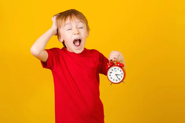 stock image Excited boy with clock. Hurry up. Shocked kid holding alarm clock, over yellow. Screaming little boy. Great discounts, sales. Mock up copy space. Retro clock in a hand. Time.