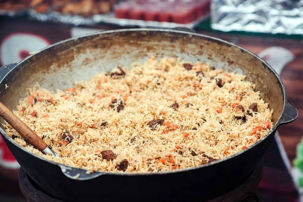 Tasty Pilaf Street Festival Street Market Hot Pilaf Large Cauldron — Stock Photo, Image