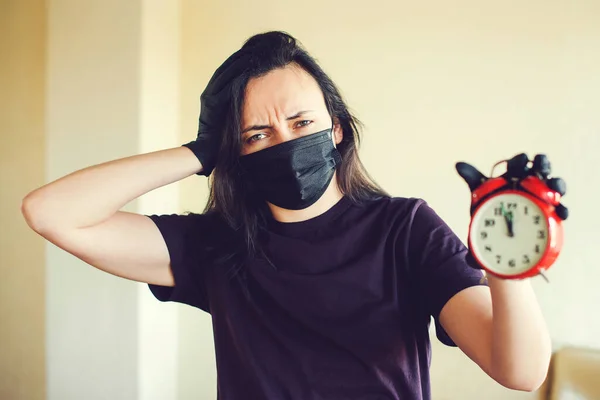 Depressed Tired Woman Wearing Protective Face Mask Disposable Glove Woman — Stock Photo, Image