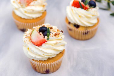 Parti için tatlı kekler. Modern beton arka planda krem peynir, yabanmersini ve çilekle süslenmiş taze kekler. Tatlı hamur işi. Meyveli Paskalya kekleri..