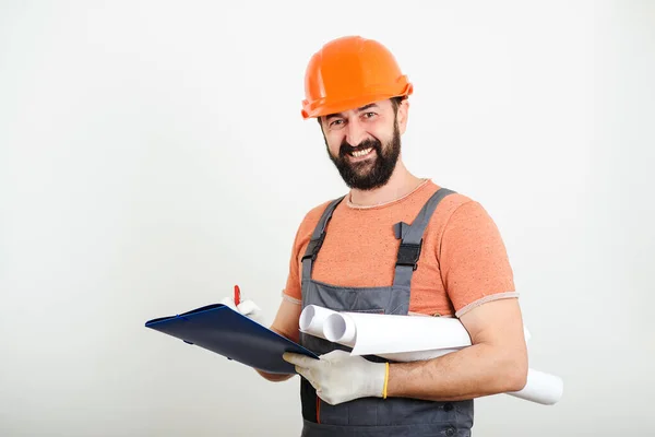 Builder Man Writing Clipboard Clients Orders Home Renovation Concept Professional — Stock Photo, Image