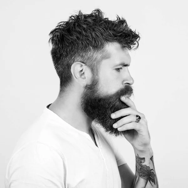 Side View Portrait Thinking Brutal Bearded Guy Looking Away Creative — Stock Photo, Image
