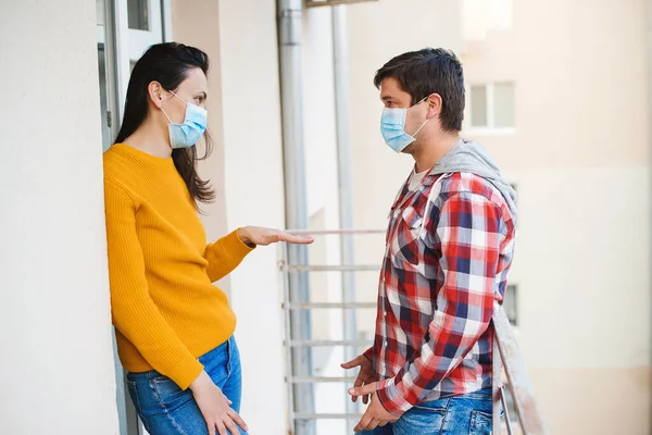 Young Couple Talking Balcony Home Isolation Coronavirus Quarantine Man Woman — Stock Photo, Image