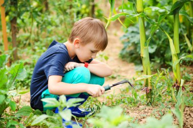 Bahçeye çiçek dikmek için küçük bir yardımcı. Bahçe ve insan konsepti. Çocukluk. Şirin bir çocuk bahçıvanı. Küçük çocuk bahçede tırmıkla çalışıyor. Sebze bahçesinde çalışan bir çocuk. Bahçıvanlık.