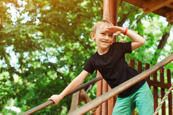 男孩在树屋里玩耍 望着远方 可爱的孩子在公园玩游戏 旅行和休闲 快乐的男孩在夏季公园里玩得很开心 儿童历险公园 — 图库照片