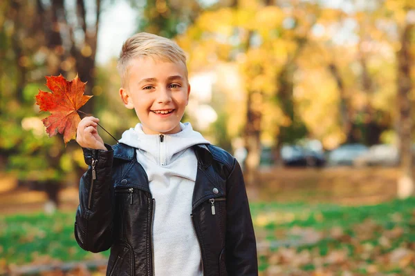 可爱时髦的孩子在户外的肖像 可爱的男孩走在秋天的大街上 孩子的时尚 秋天的季节 男孩穿着时髦的皮夹克 快乐的学童在散步 玩枫叶的小孩 — 图库照片