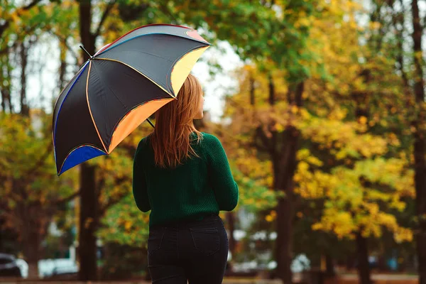 Mulher Com Guarda Chuva Andando Parque Outono Bela Floresta Outono — Fotografia de Stock