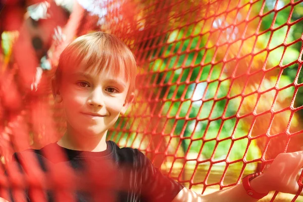 Happy Boy Passing Cable Tunnel Outdoors Playground Leisure Kids Happy — Stock Photo, Image