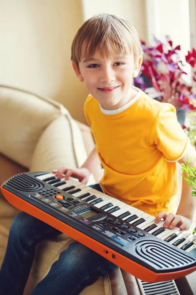 Cute Schoolboy Playing Synthesizer Home Children Piano Development Musical Abilities — Stock Photo, Image