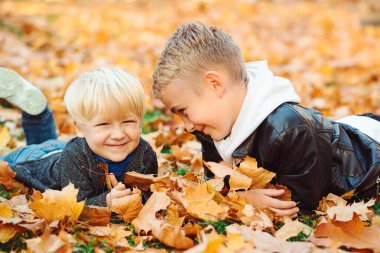 Güzel çocuklar sonbahar parkında birlikte eğleniyorlar. Doğada yürüyen mutlu kardeşler. Sonbahar aile hafta sonu. Sonbaharda yürüyüşe çıkan mutlu bir aile. Sonbahar yapraklarında oynayan iki çocuk. Mutlu ve sağlıklı bir çocukluk.