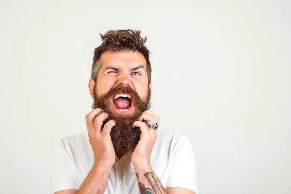 Stressed furious bearded man shouting. Face expression. Crazy man with beard. Negative emotions, problems. Guy with angry screaming face. Portrait of angry screaming man. Feeling angry.