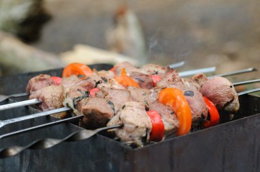 Et şiş kebap sebze ile kızartma kömürün üstünde