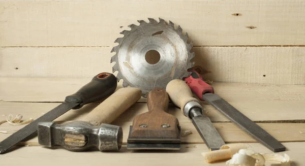 Construction tools on wooden background.Copy space for text. — Stock Photo, Image