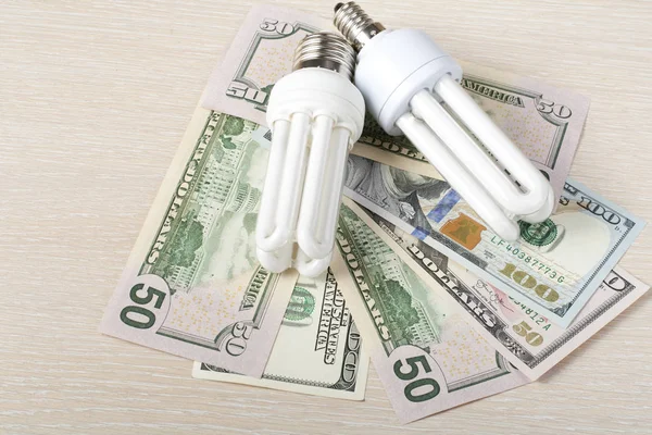 Energy saving fluorescent lamp on money background, Eco light bulb, comparison of energy saving lamps and incandescent lamps.Energy saving and saving electricity concept