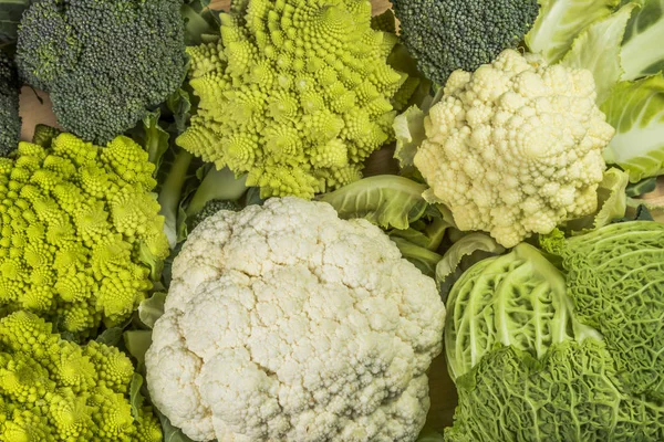 Varieties of vegetables: savoy green cabbage, broccoli, roman and white cauliflower — Stock Photo, Image