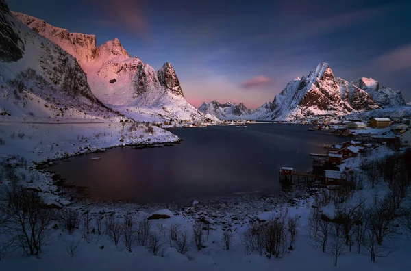 Lofoten Daki Reinevagen Fiyordu Güzel Gün Doğumu Işığında Norveç — Stok fotoğraf