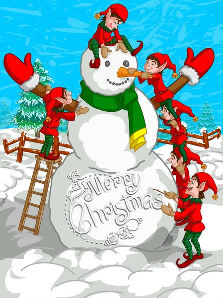 Elf making Snowman in Merry Christmas holiday background — Stock Vector