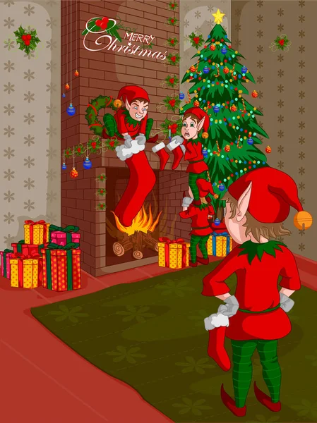 Elf decoración de la chimenea en Feliz Navidad fondo de vacaciones — Vector de stock