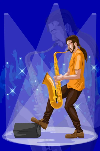 Hombre tocando el saxofón en la actuación de la banda de música — Vector de stock
