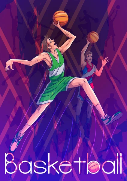 Jugador joven activo que juega el juego del deporte del baloncesto — Vector de stock