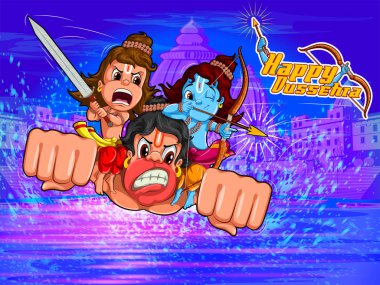 Tanrı Rama ve Laxmana uçan Hanuman üzerinde mutlu Dussehra Navratri kutlama Hindistan tatil arka plan