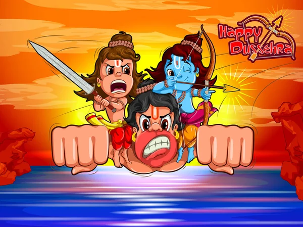 Tanrı Rama ve Laxmana uçan Hanuman üzerinde mutlu Dussehra Navratri kutlama Hindistan tatil arka plan